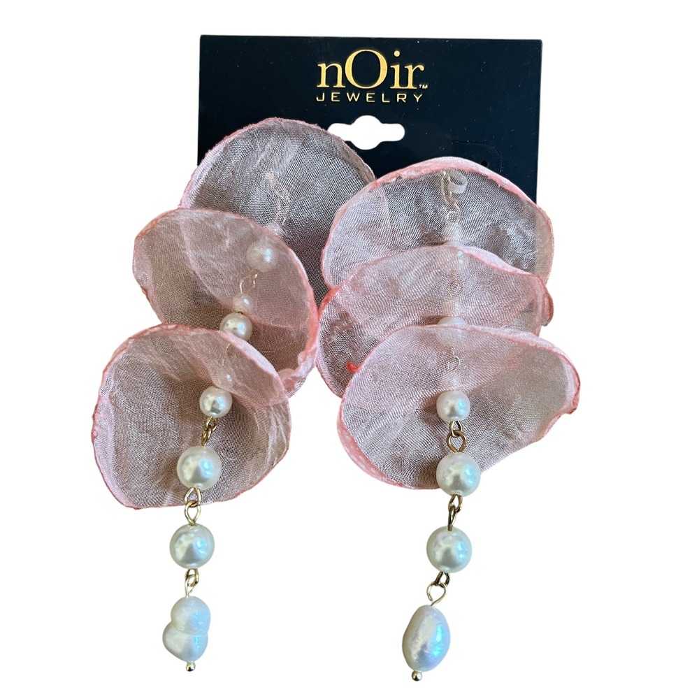 Noir Jewelry Pink Organza Petal Faux Pearl Drop Earrings Gold Tone New